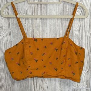 American Eagle Outfitters Mustard Floral Corduroy Smocked Crop Tank Top